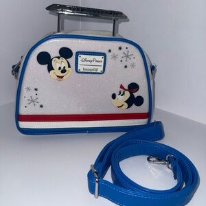 Loungefly White Glitter Mickey & Minnie Crossbody 50th Anniversary Monorail